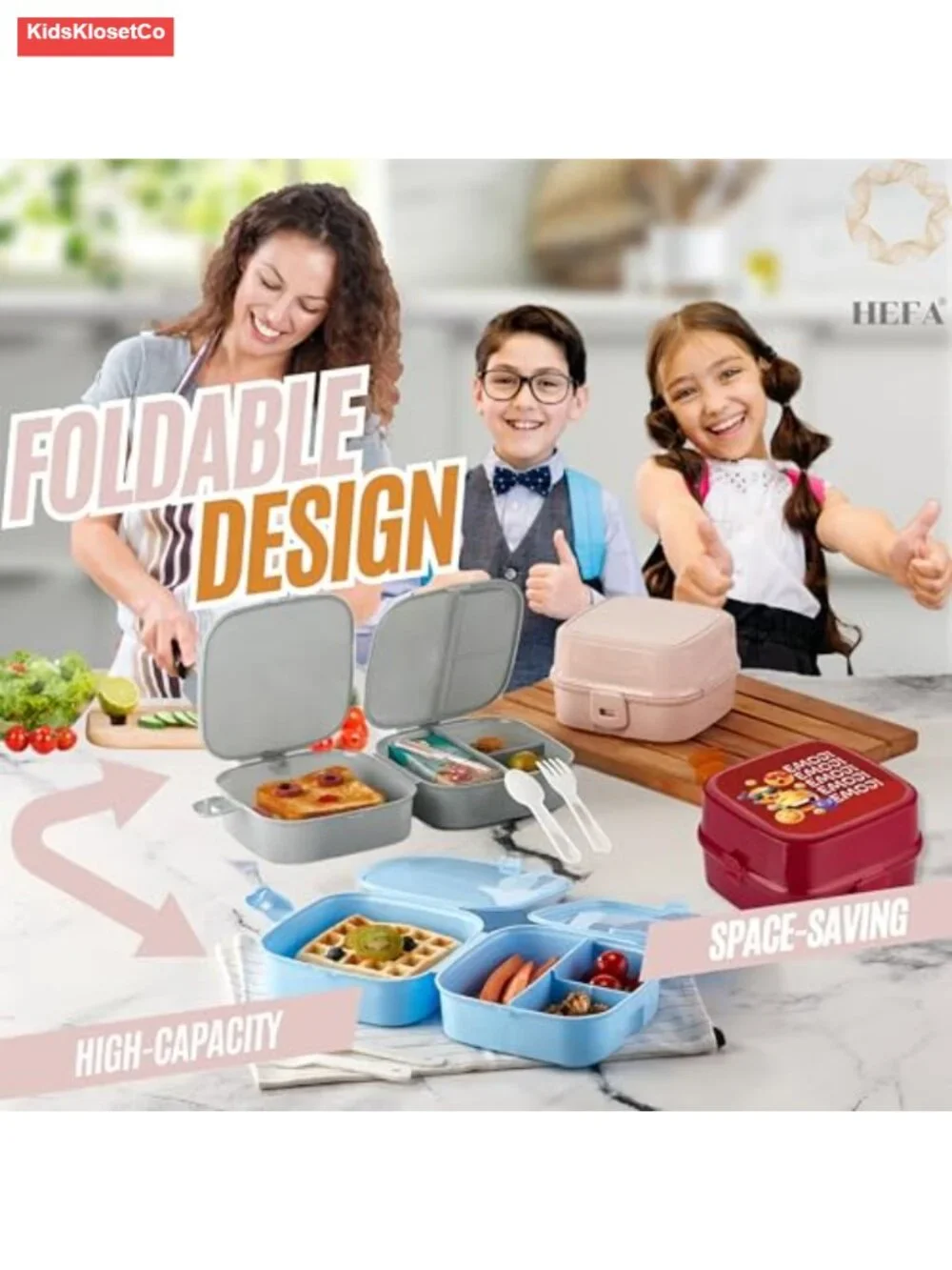 Foldable Bento Lunch Box for Kids All-in-One with Utensils